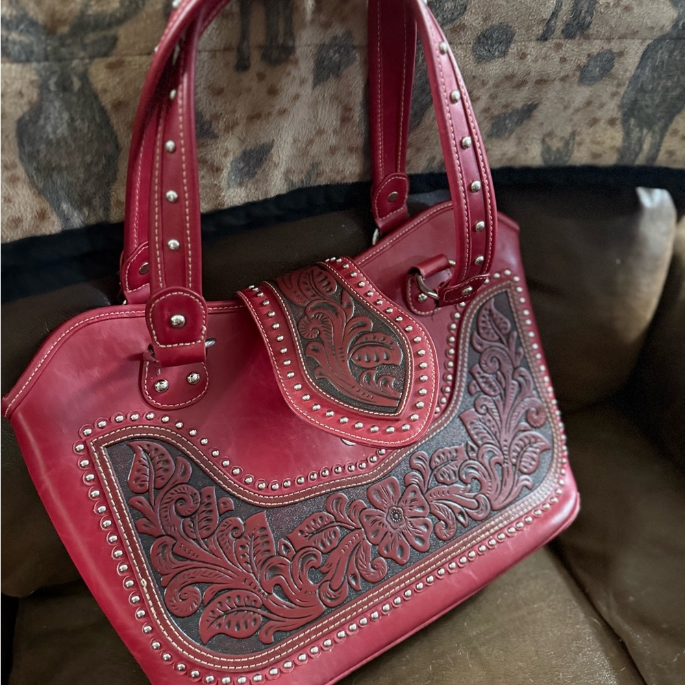 Elegant Red Embossed Handbag & Wallet